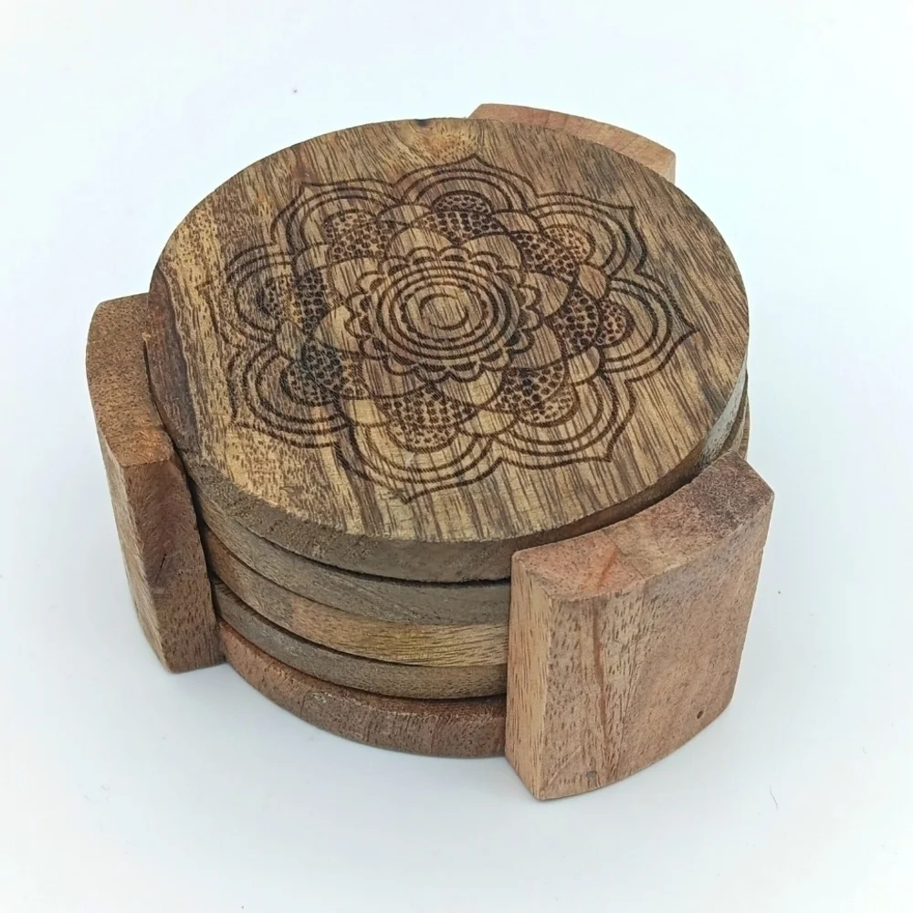 Wooden Mandala Coaster Set
